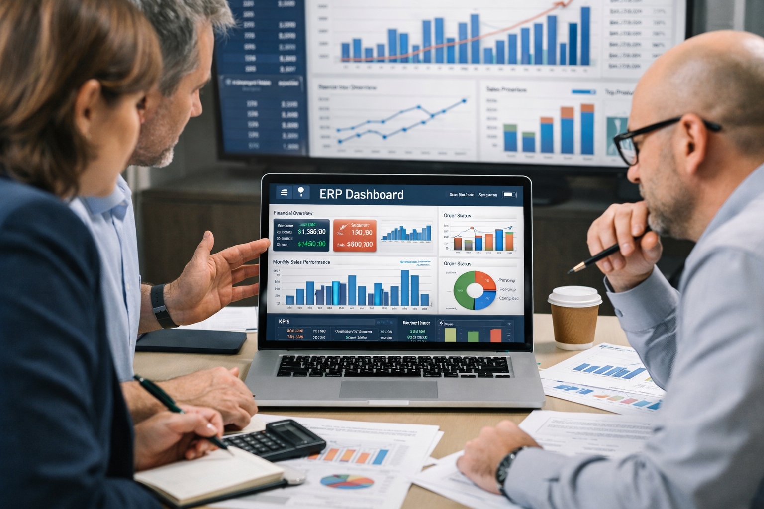 ERP  dashboard  business contextbusiness dashboard analytics meetingERP dashboard laptop teamfinance team reviewing data screen