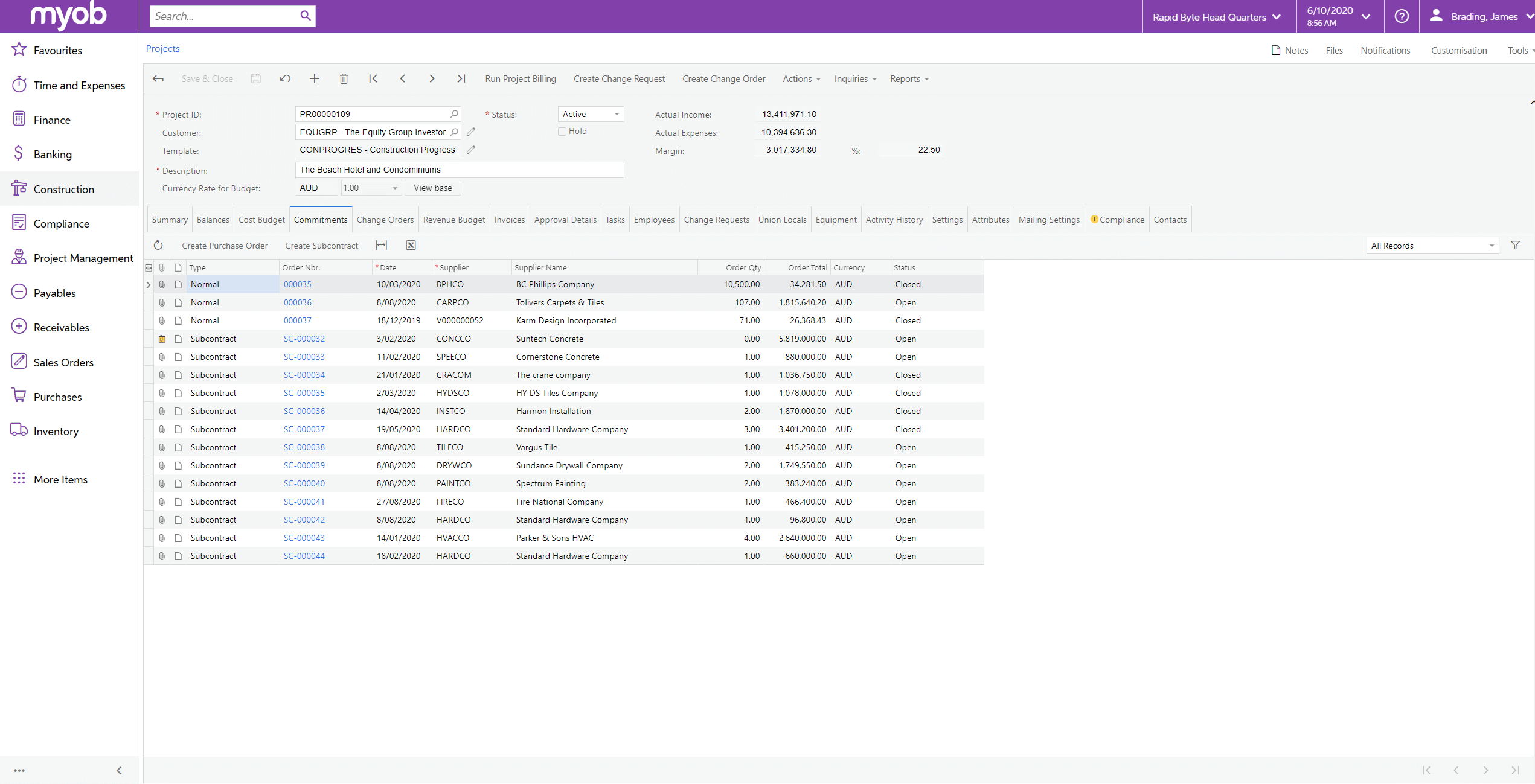 Commitments - MYOB Advanced Construction