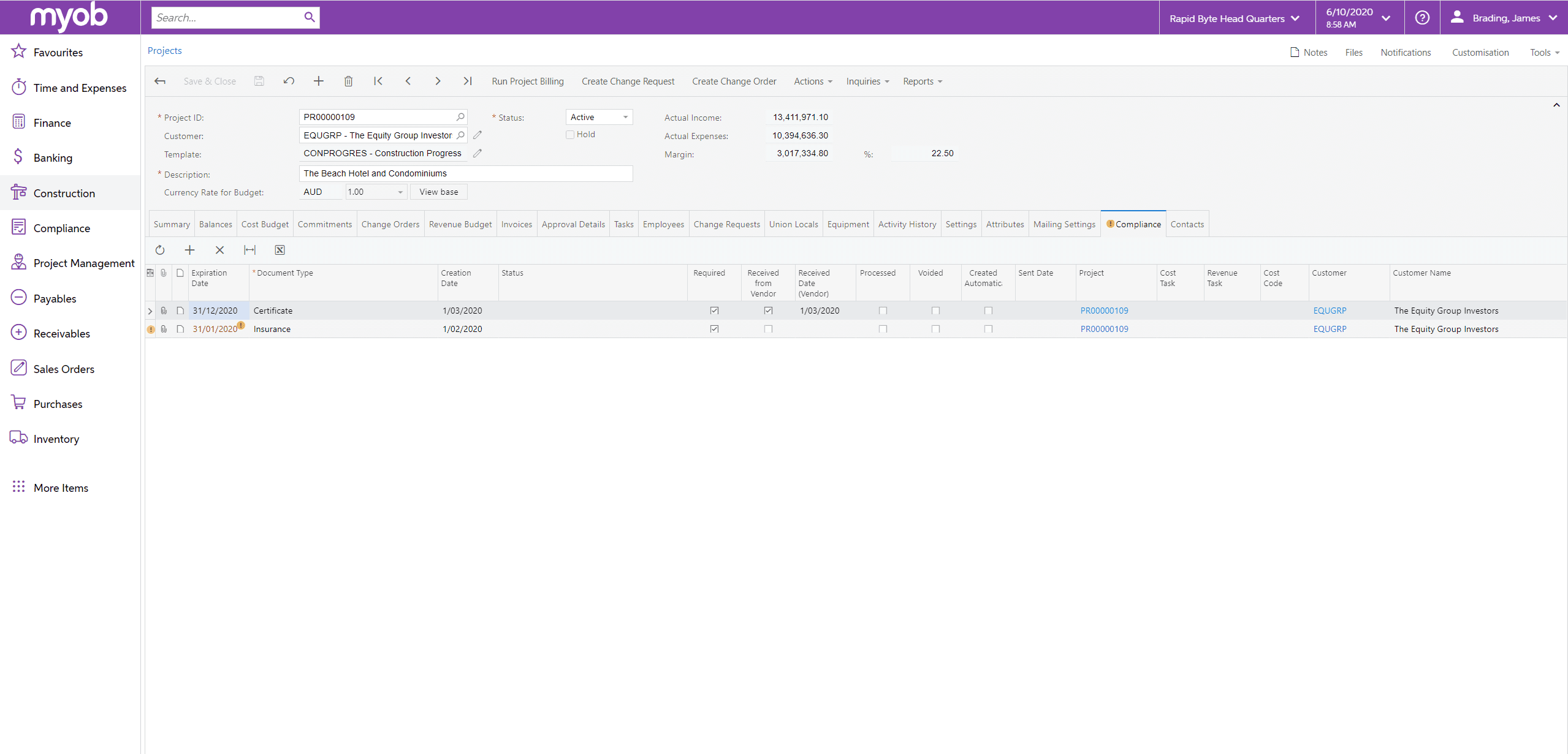 Compliance - MYOB Advanced Construction