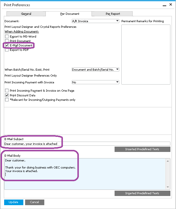 Instructions on how to email documents upon creation in SAP Business One