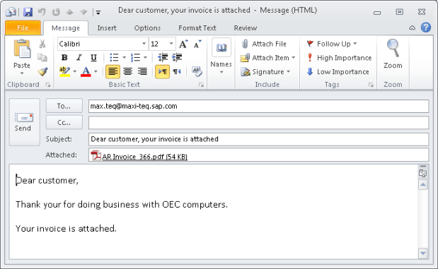 A sample e-mail message showing the attachment and pre-configured subject and body text