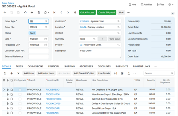 MYOB Acumatica Sales Order Screen