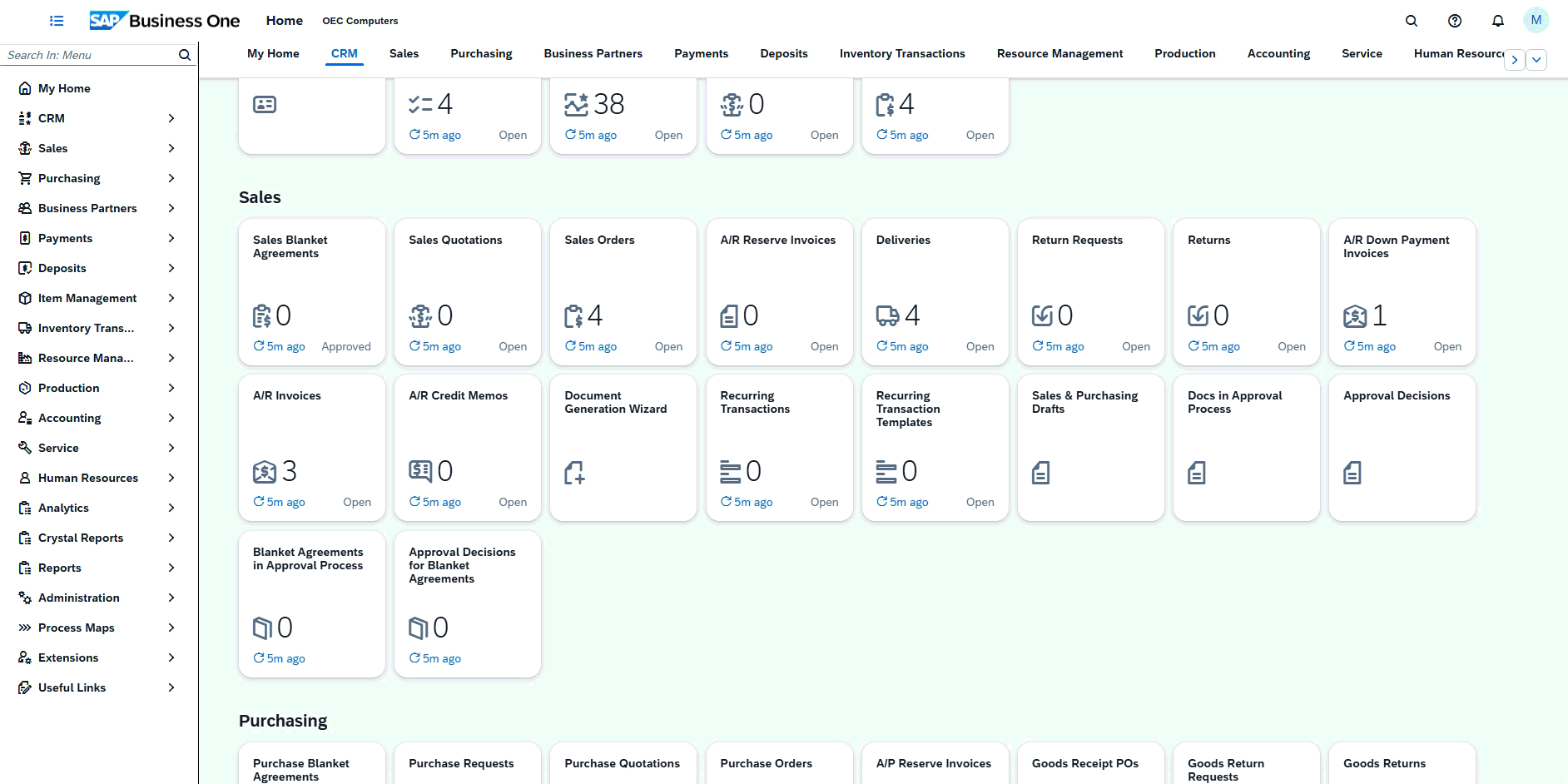 SAP Business One Web Client dashboard