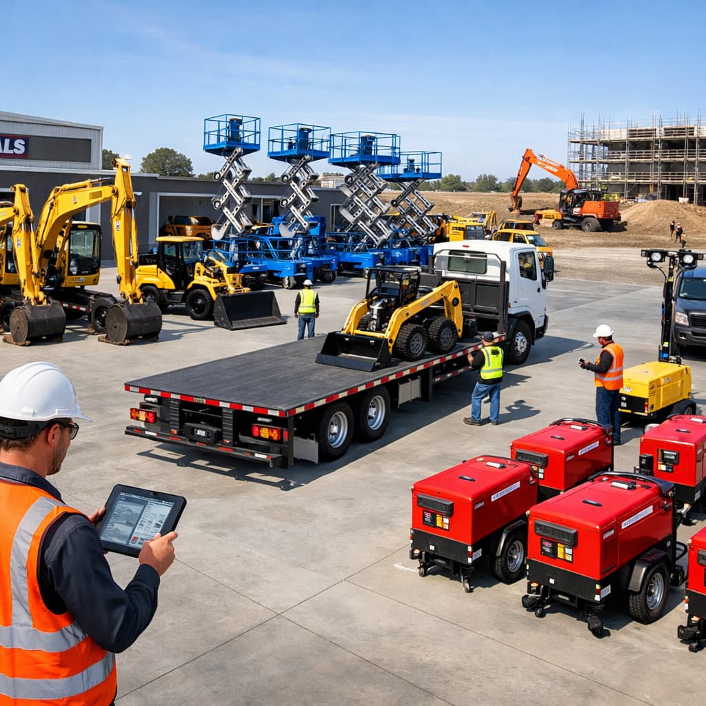 A modern equipment rental yard with a range of machinery such as excavators scissor lifts and generators neatly organised and ready for dispatch Some-1