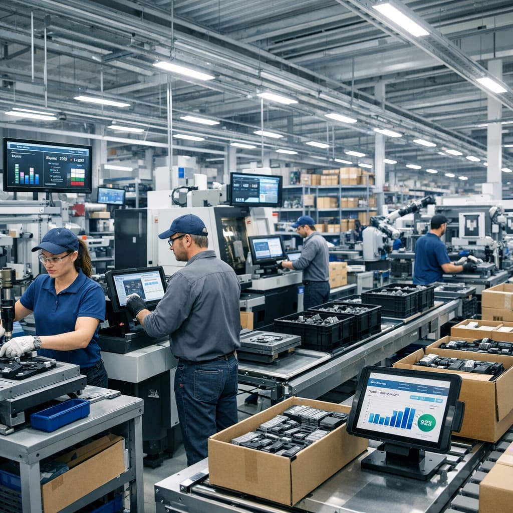 A modern manufacturing facility with production lines in operation workers using machinery and assembling products and clearly organised workstations