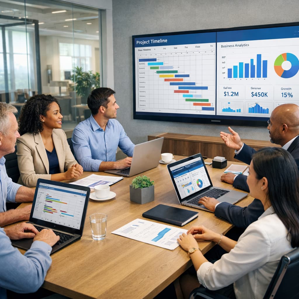 A modern professional services environment with a diverse team collaborating around a table reviewing project plans on laptops and large screens The s-1