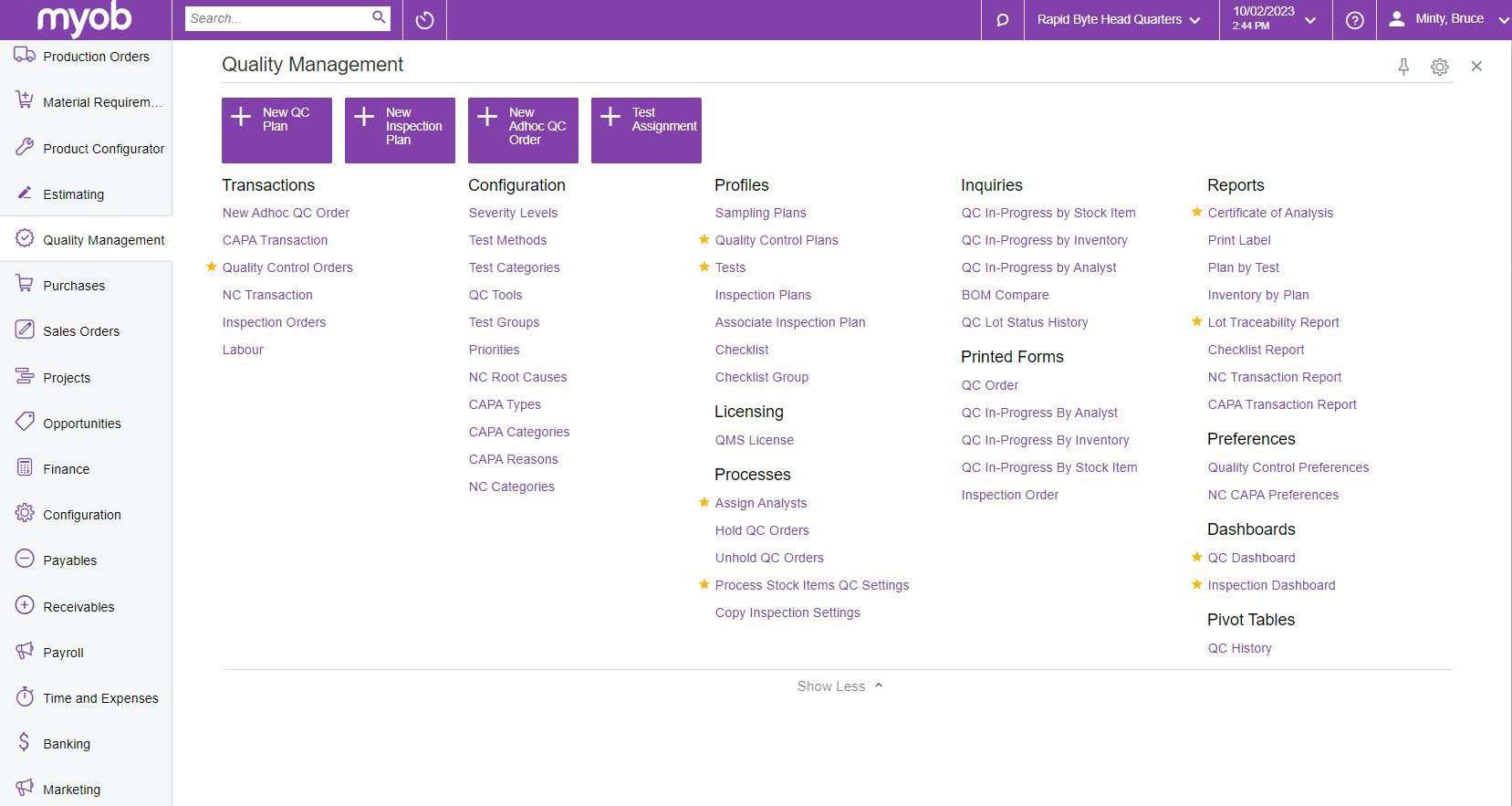 MYOB Advanced Quality Management